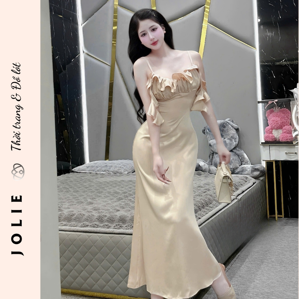 Váy Lụa Hai Dây Phối Bèo Ngực Dáng Dài Sang Chảnh - JOLIE