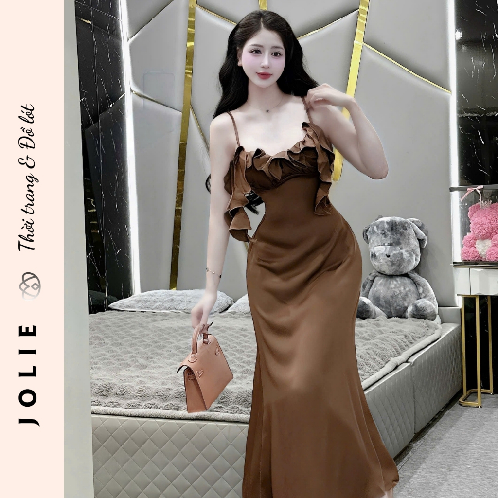 Váy Lụa Hai Dây Phối Bèo Ngực Dáng Dài Sang Chảnh - JOLIE