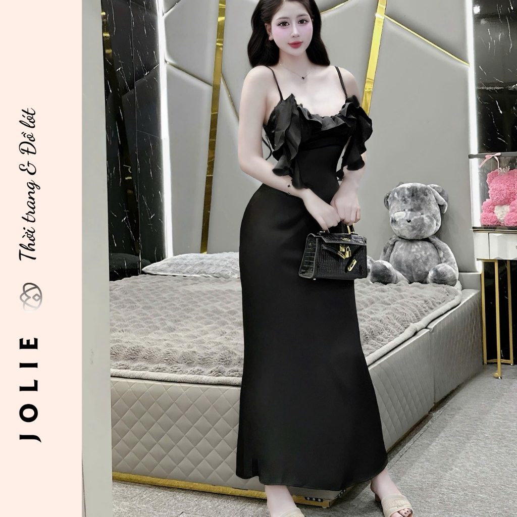 Váy Lụa Hai Dây Phối Bèo Ngực Dáng Dài Sang Chảnh - JOLIE