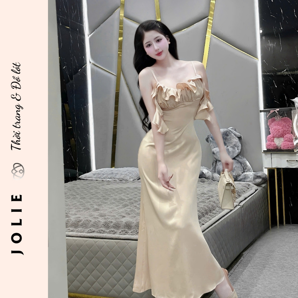 Váy Lụa Hai Dây Phối Bèo Ngực Dáng Dài Sang Chảnh - JOLIE
