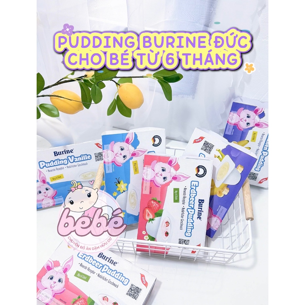 Váng sữa, cháo Pudding Burine Đức nguyên kem, mềm mịn cho bé 6 tháng ăn dặm - 3 vị vani, chuối, dâu