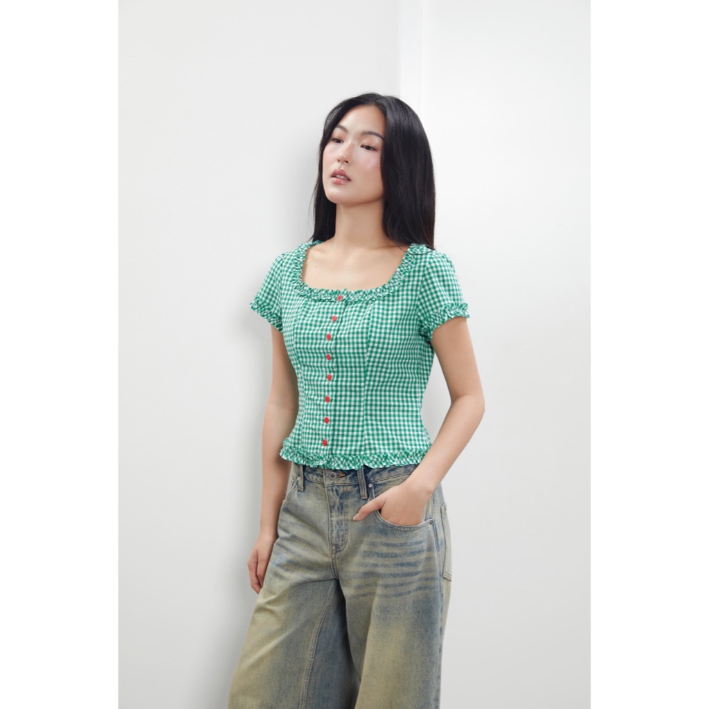TheBlueTshirt - Áo kiểu nữ caro gingham dáng ôm xoè nhẹ có bèo trang trí nữ tính - Florence Top