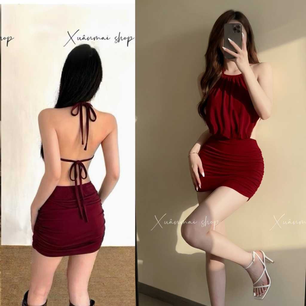 Xuanmaishop Đầm YẾM CỘT CỔ LƯNG NGẮN sẵn MÚT yếm nhúm ngắn ôm chất ladong