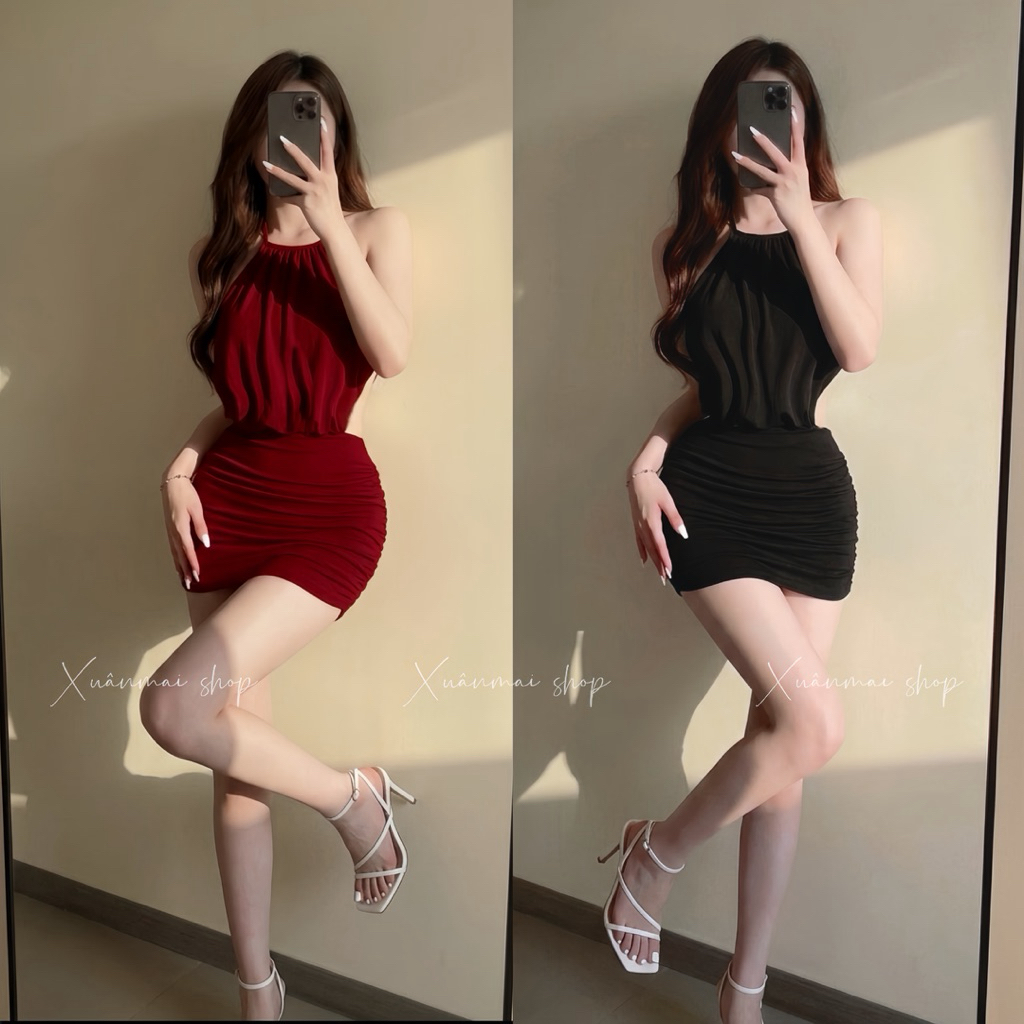 Xuanmaishop Đầm YẾM CỘT CỔ LƯNG NGẮN sẵn MÚT yếm nhúm ngắn ôm chất ladong