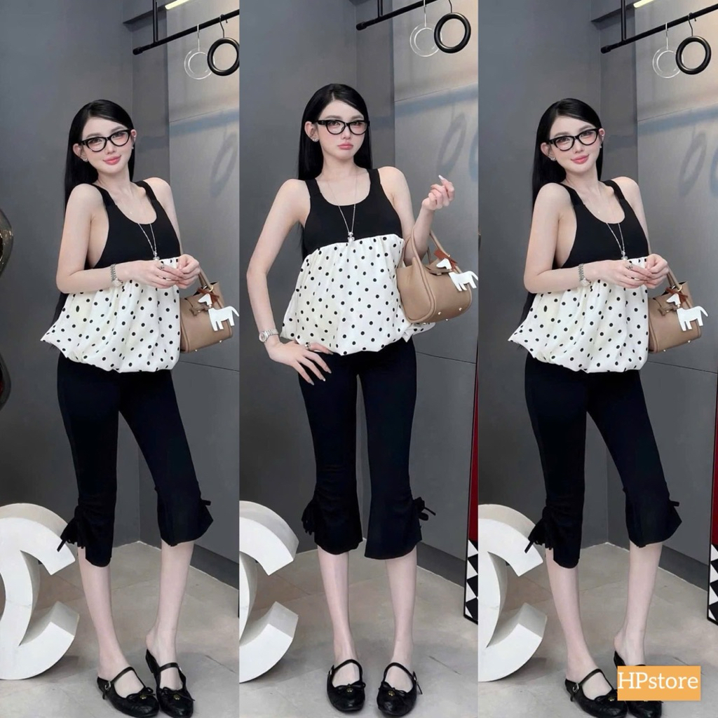 L672- Set áo babydoll chấm bi phối màu kèm quần loe lửng xoè dễ thương đi chơi đi dạo phố dành cho Nữ (38-56kg)