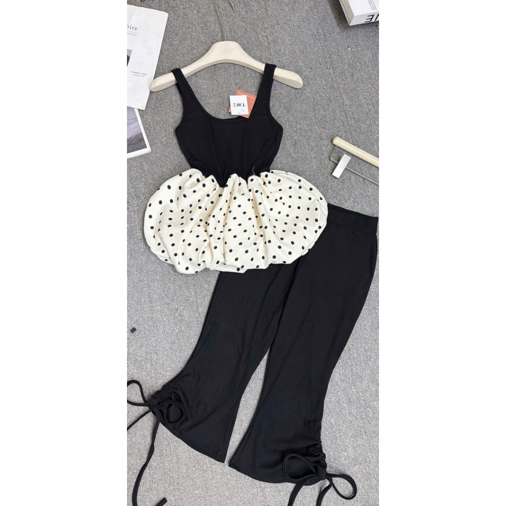 L672- Set áo babydoll chấm bi phối màu kèm quần loe lửng xoè dễ thương đi chơi đi dạo phố dành cho Nữ (38-56kg)