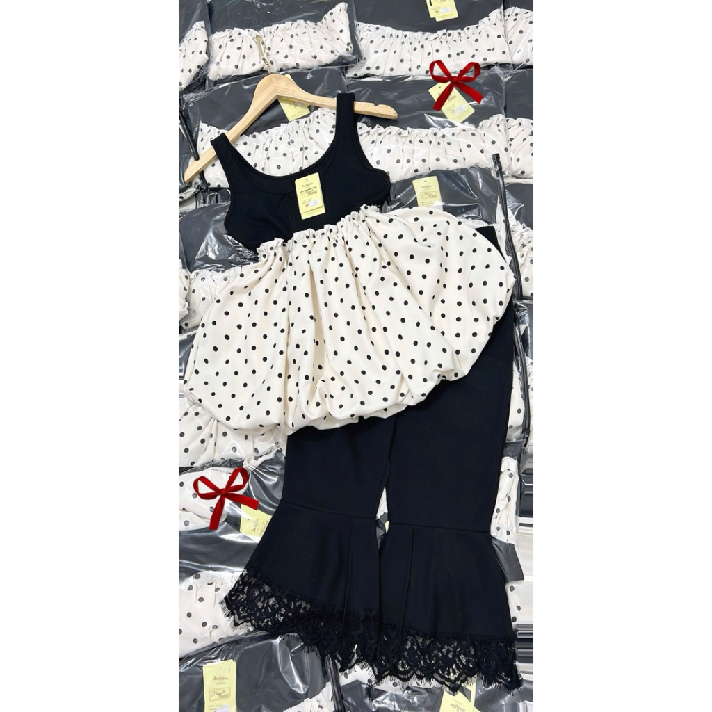 L672- Set áo babydoll chấm bi phối màu kèm quần loe lửng xoè dễ thương đi chơi đi dạo phố dành cho Nữ (38-56kg)
