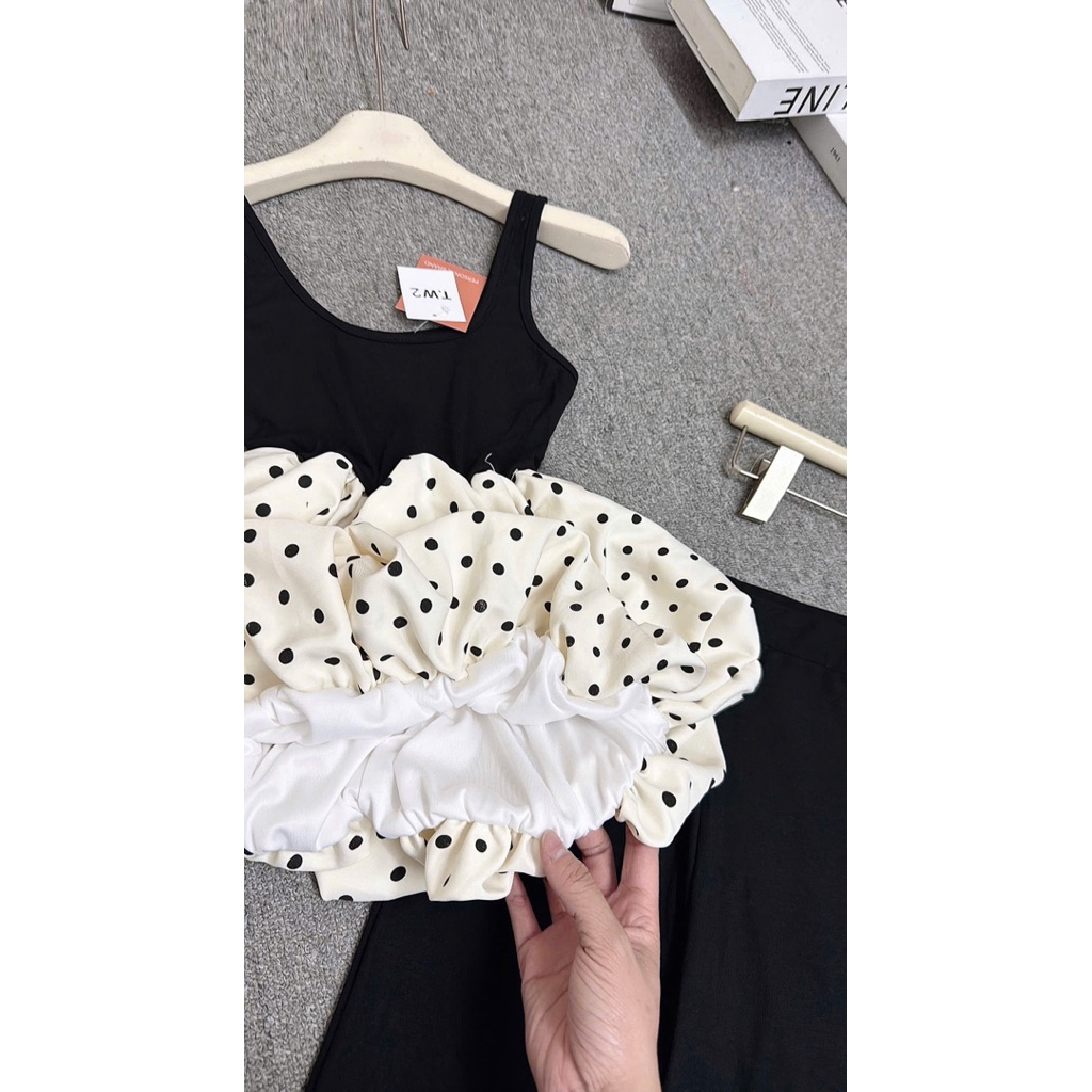 L672- Set áo babydoll chấm bi phối màu kèm quần loe lửng xoè dễ thương đi chơi đi dạo phố dành cho Nữ (38-56kg)
