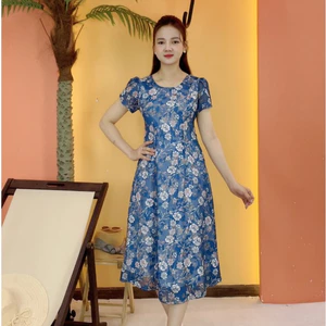 Đầm suông xòe - Cổ tròn tay ngắn - Màu Xanh hoa - TTV2059