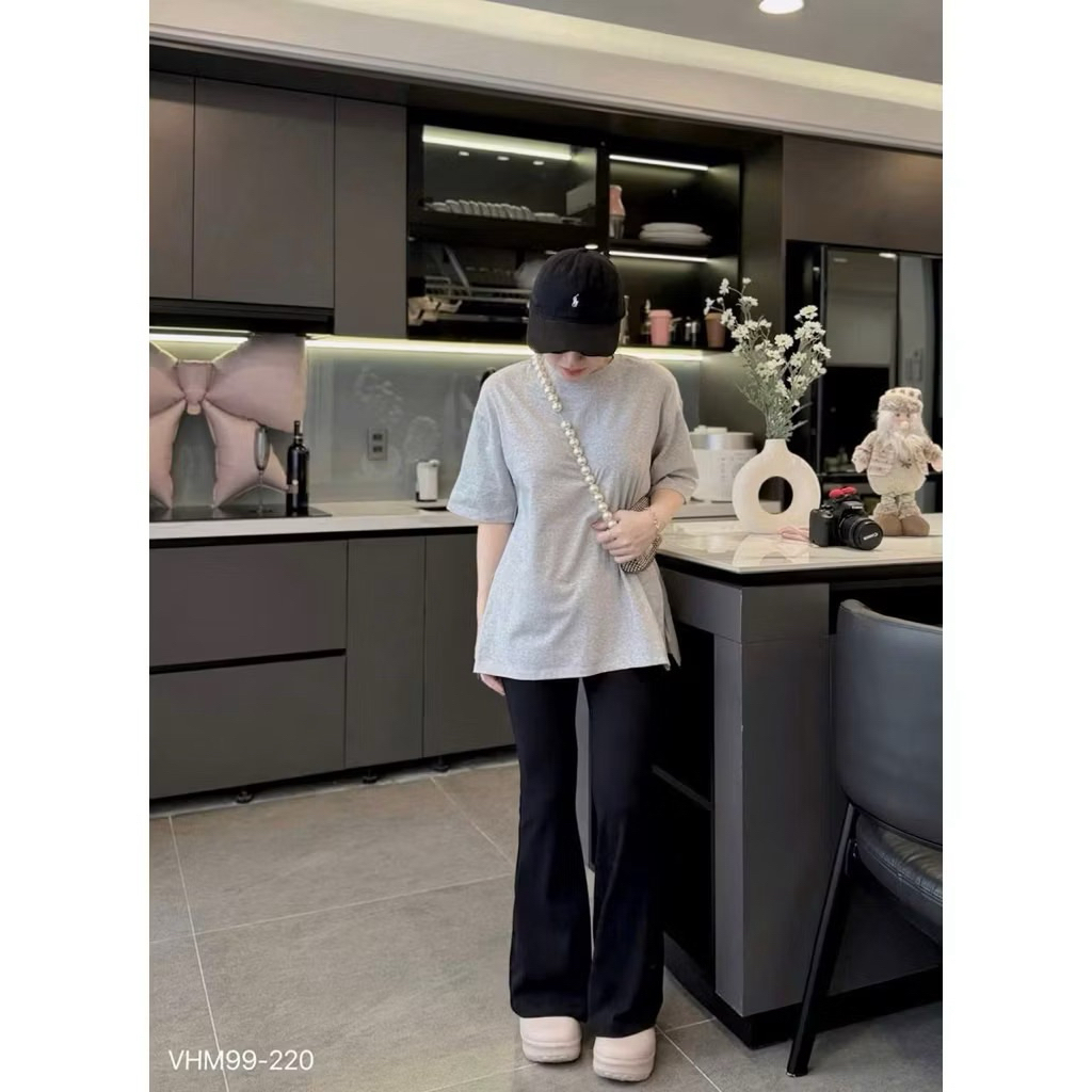 L763- Sét bộ thun co giãn áo dạng cổ tròn form rộng quần ống loe (38-56kg)