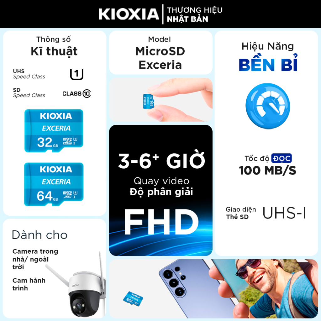 Thẻ nhớ MicroSD KIOXIA cao cấp 32GB/64GB/128GB/256GB U1 100MB/s cho điện thoại, camera FHD-BH 5 năm