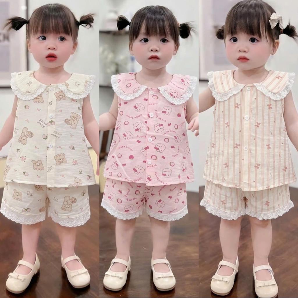 [Rẻ vô địch] Bộ Đũi Pijama Cổ Sen Quần Ren Dễ Thương Mềm Mát Cho Bé Gái (5-15kg)