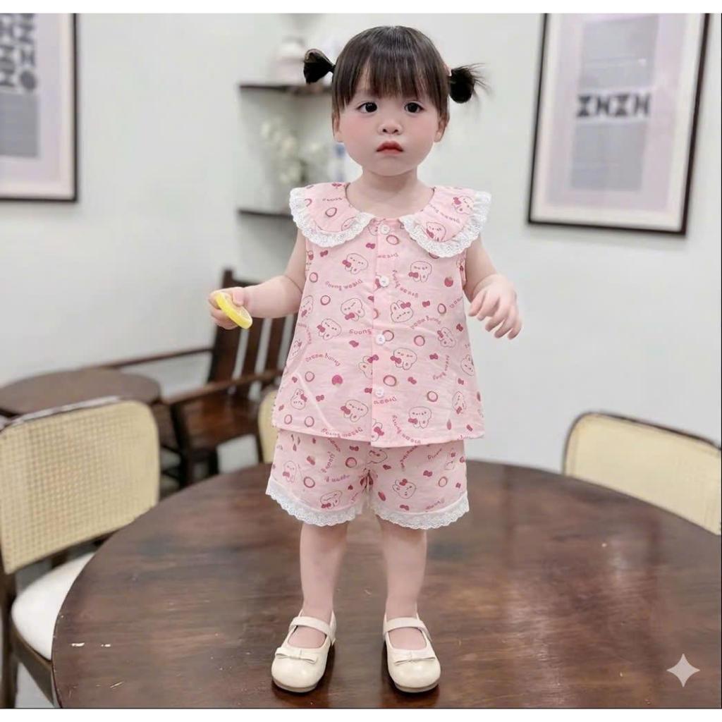 [Rẻ vô địch] Bộ Đũi Pijama Cổ Sen Quần Ren Dễ Thương Mềm Mát Cho Bé Gái (5-15kg)