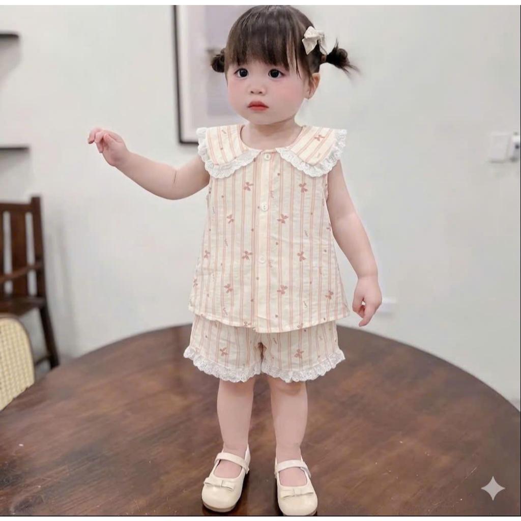 [Rẻ vô địch] Bộ Đũi Pijama Cổ Sen Quần Ren Dễ Thương Mềm Mát Cho Bé Gái (5-15kg)