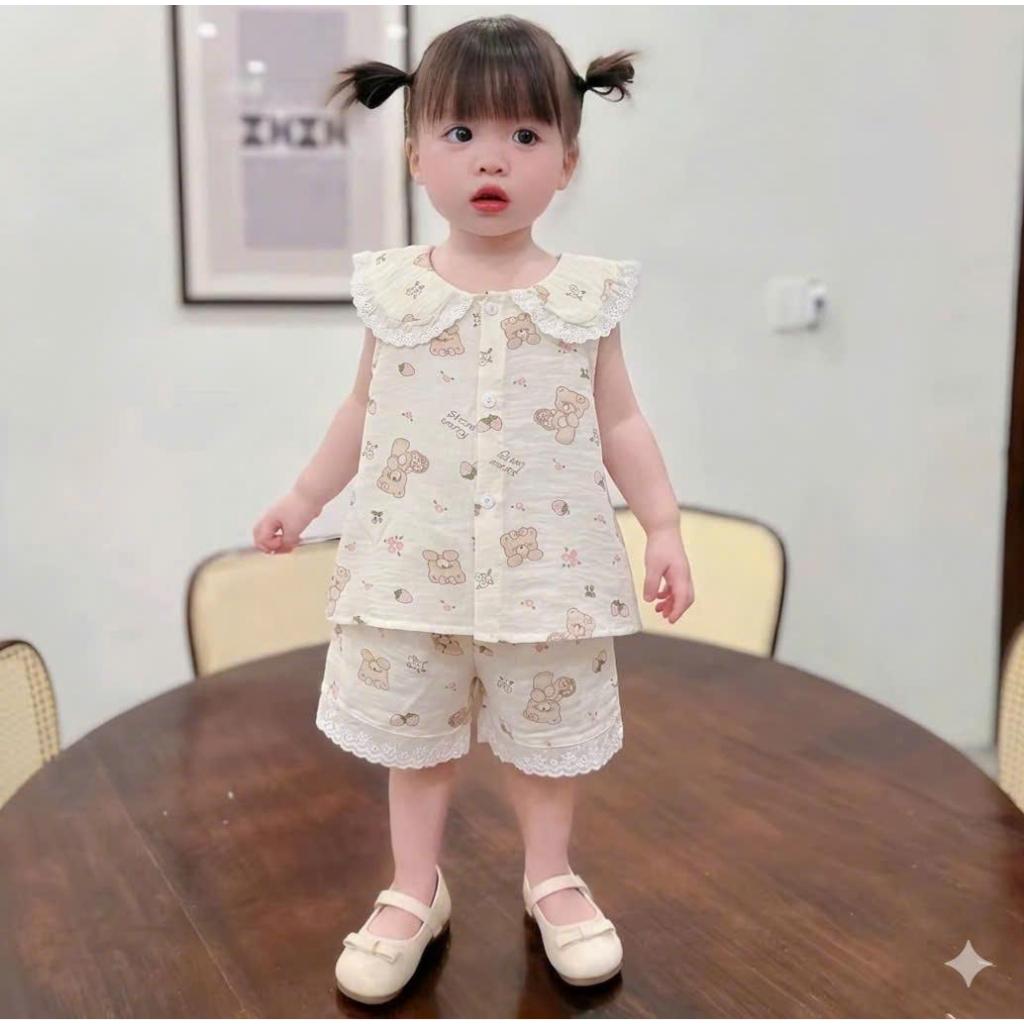 [Rẻ vô địch] Bộ Đũi Pijama Cổ Sen Quần Ren Dễ Thương Mềm Mát Cho Bé Gái (5-15kg)