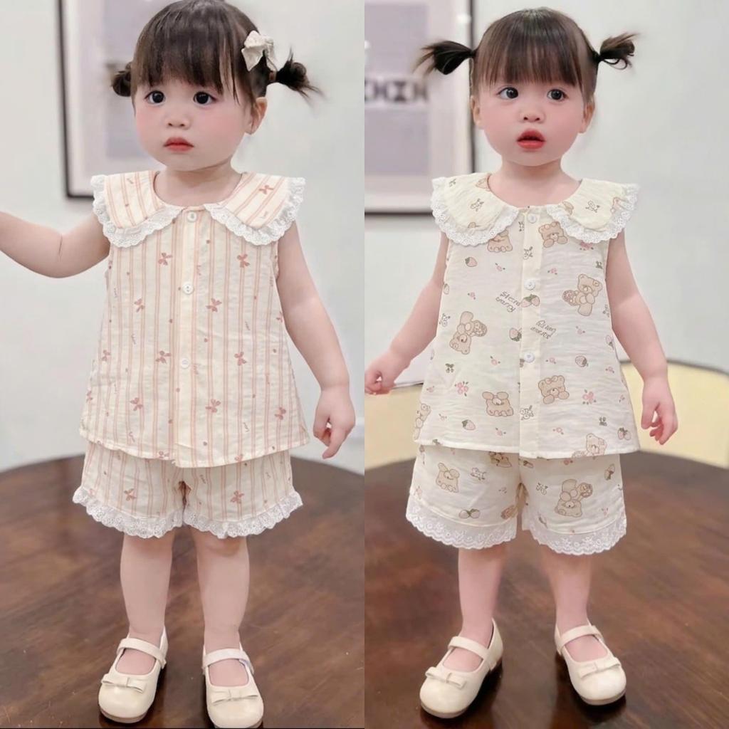 [Rẻ vô địch] Bộ Đũi Pijama Cổ Sen Quần Ren Dễ Thương Mềm Mát Cho Bé Gái (5-15kg)