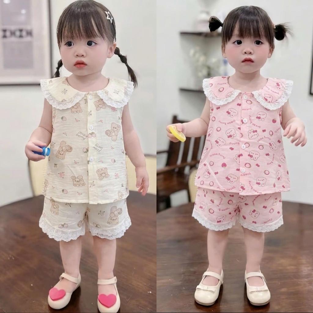 [Rẻ vô địch] Bộ Đũi Pijama Cổ Sen Quần Ren Dễ Thương Mềm Mát Cho Bé Gái (5-15kg)