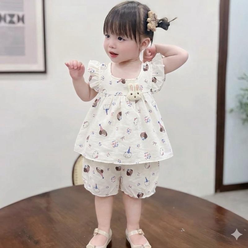 [Rẻ vô địch] Bộ đũi chất mát mẻ cho bé gái cánh tiên xinh xắn đính thỏ bông size 5-13kg