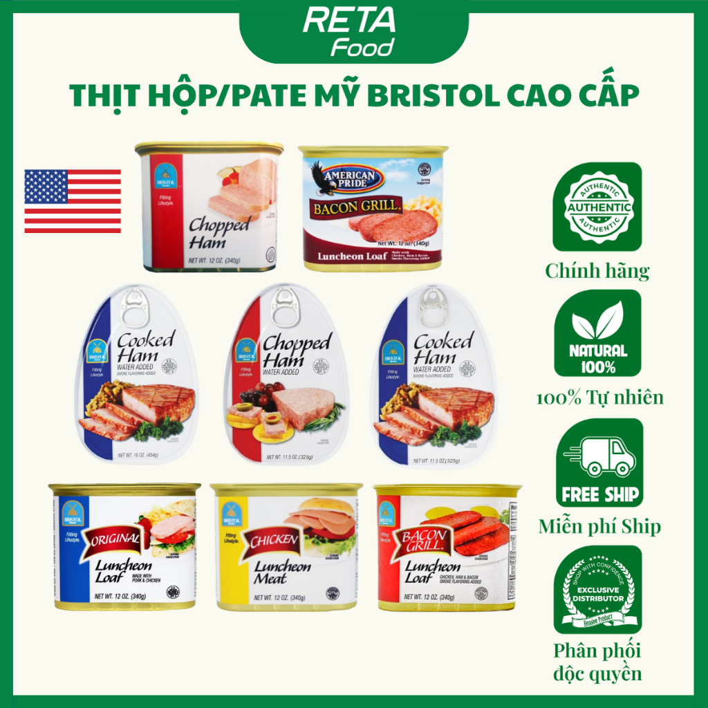 [Nhiều Vị] Thịt Hộp Mỹ Bristol Cooked Ham 454gr Cao Cấp, Nhập Khẩu Chính Hãng, Ăn Liền Tiện Lợi