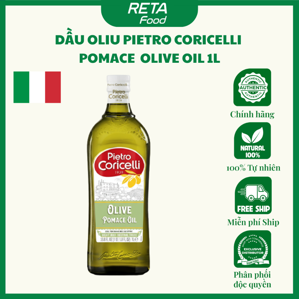 Dầu Oliu Pietro Coricelli 1L Nhập Khẩu Ý-Pomace Chiên Xào Chịu Nhiệt Cao & Extra Virgin Ép Lạnh Nguyên Chất Date 09.2027