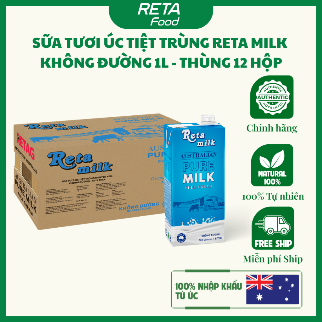 Sữa Tươi Úc Tiệt Trùng Reta Milk Không Đường 1L - Thùng 12 hộp/Combo 6 ...