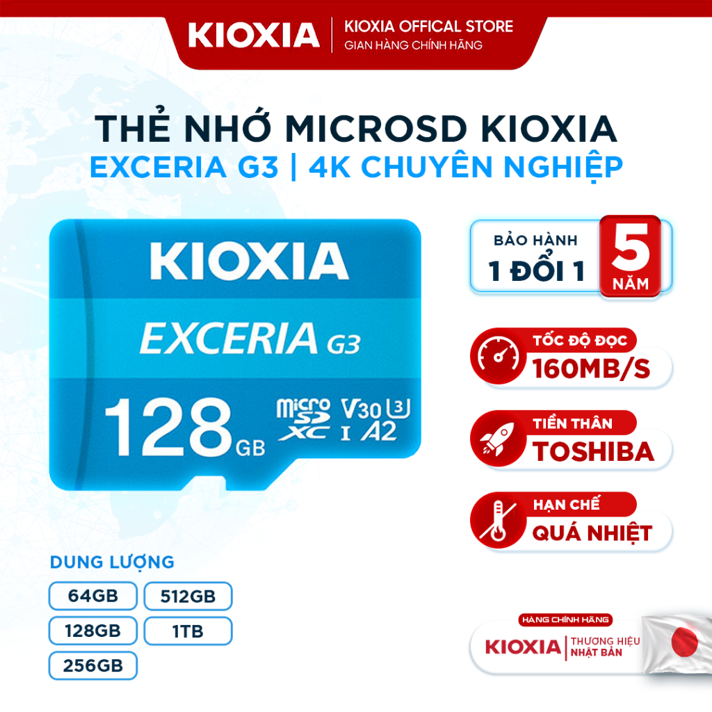 Thẻ nhớ microSDXC KIOXIA G3 siêu bền 128GB/256GB U3 V30 160MB/s 4K cho camera, smartphone, BH 5 năm
