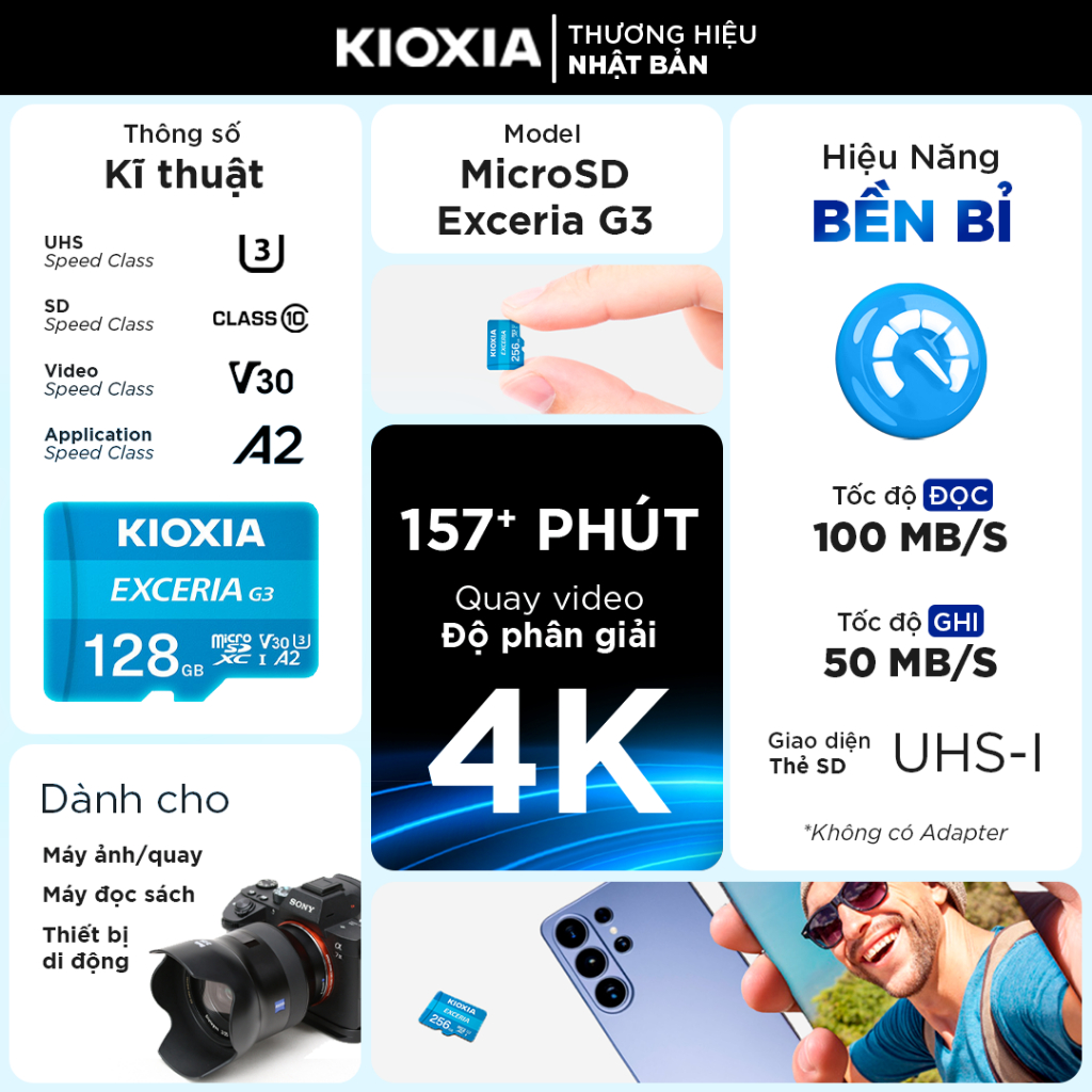 Thẻ nhớ microSDXC KIOXIA G3 siêu bền 128GB/256GB U3 V30 160MB/s 4K cho camera, smartphone, BH 5 năm