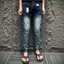 Quần Jeans nam xanh pơ pồ vàng kẻ ngang bốn cúc tang lụa