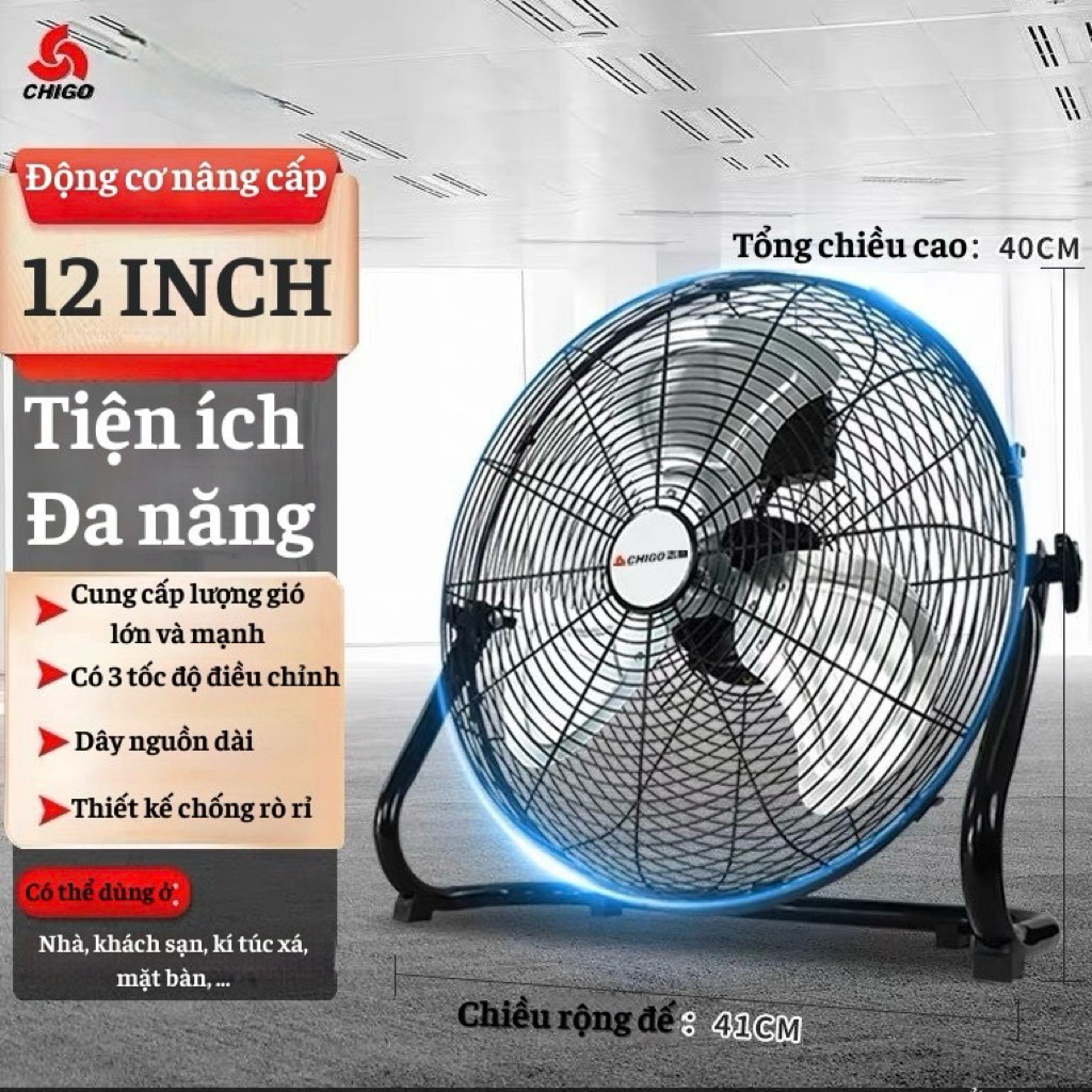Quạt sàn CHIGO khung thép cánh inox 304 - Quạt chân quỳ công suất lớn 3 tốc độ - Quạt công nghiệp