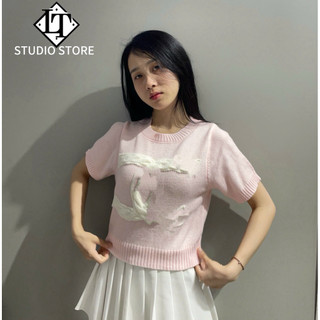 LT - Áo len nữ cổ tròn chữ ngực thêu nổi, len cộc tay dệt kim free size 1579