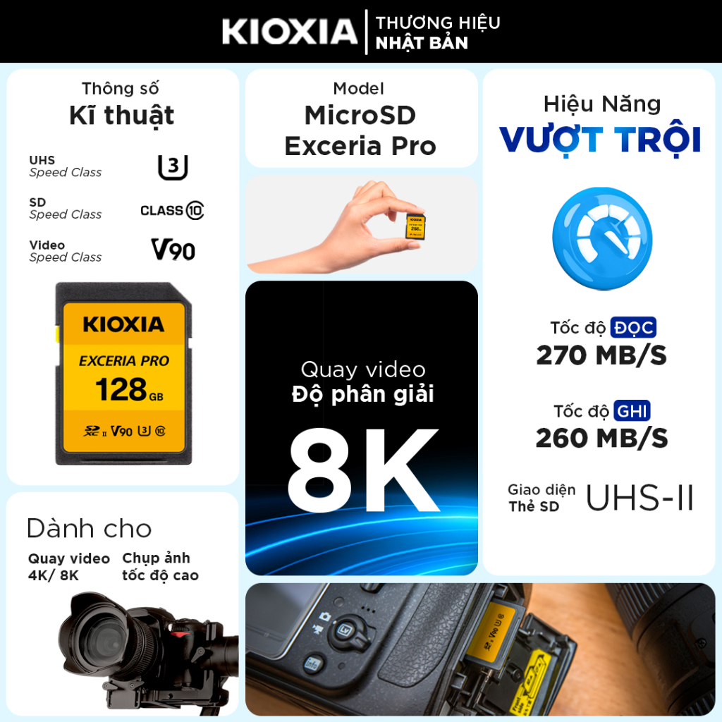 Thẻ nhớ SD KIOXIA PRO 128GB/256GB UHS-II U3 V90 8K 270/260MB/s, BH 5 năm