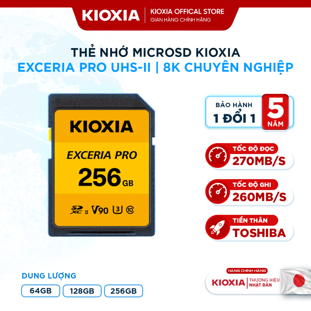 Thẻ nhớ SD KIOXIA PRO 128GB/256GB UHS-II U3 V90 8K 270/260MB/s, BH 5 năm