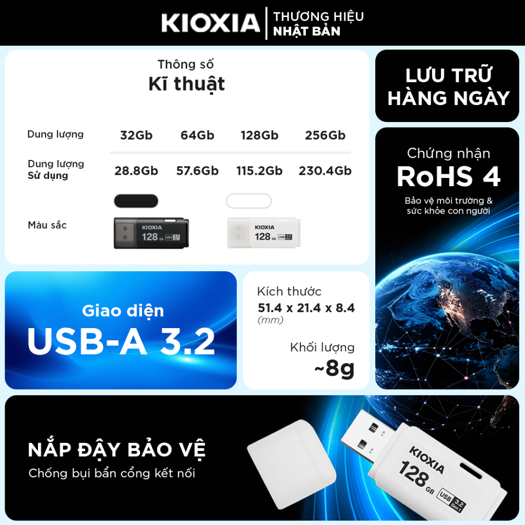 USB KIOXIA U301 siêu bền 32GB/64GB/128GB/256GB USB 3.2 Type-A, Made in Japan, BH 5 năm