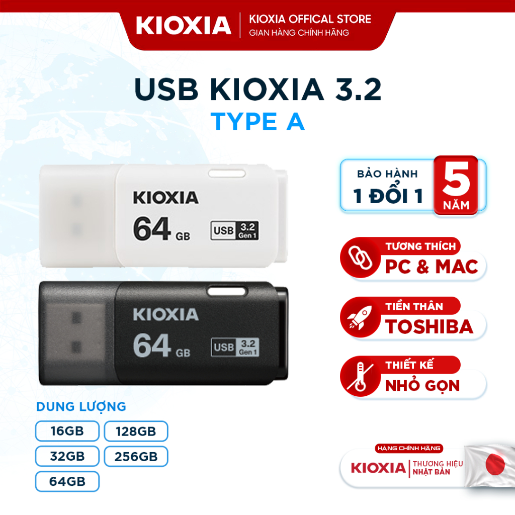 USB KIOXIA U301 siêu bền 32GB/64GB/128GB/256GB USB 3.2 Type-A, Made in Japan, BH 5 năm
