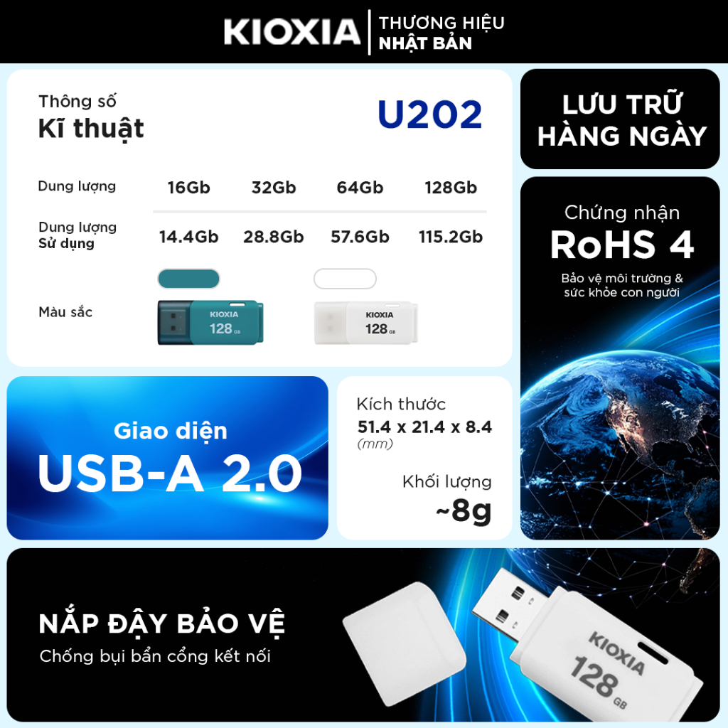 USB KIOXIA U202 siêu bền 32GB/64GB/128GB USB 2.0 Type-A, Made in Japan, BH 5 năm