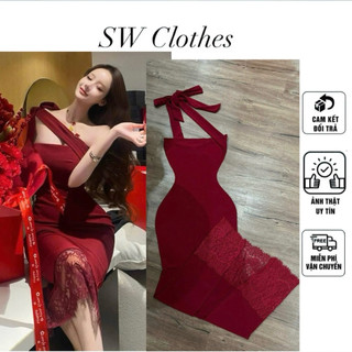 Đầm body cột lệch vai fom xuông dài phối ren tôn dáng sang chảnh