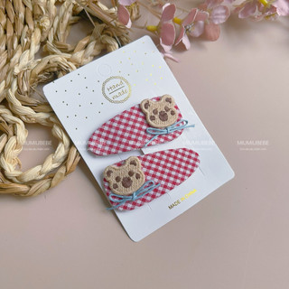 Set kẹp tóc vải kẻ sọc gấu cherry style Hàn Quốc cho bé