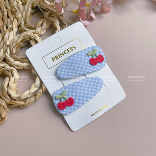 Set kẹp tóc vải kẻ sọc gấu cherry style Hàn Quốc cho bé