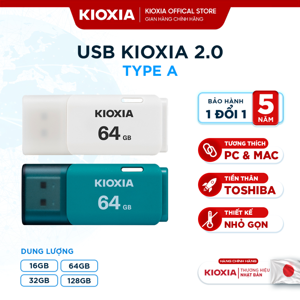 USB KIOXIA U202 siêu bền 32GB/64GB/128GB USB 2.0 Type-A, Made in Japan, BH 5 năm