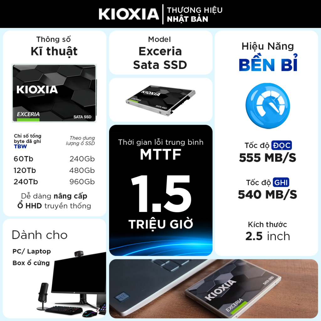 Ổ Cứng SSD SATA KIOXIA 480GB/960GB 2.5 inch 555/540MB/s cho PC, Laptop, NAS, BH 3 năm