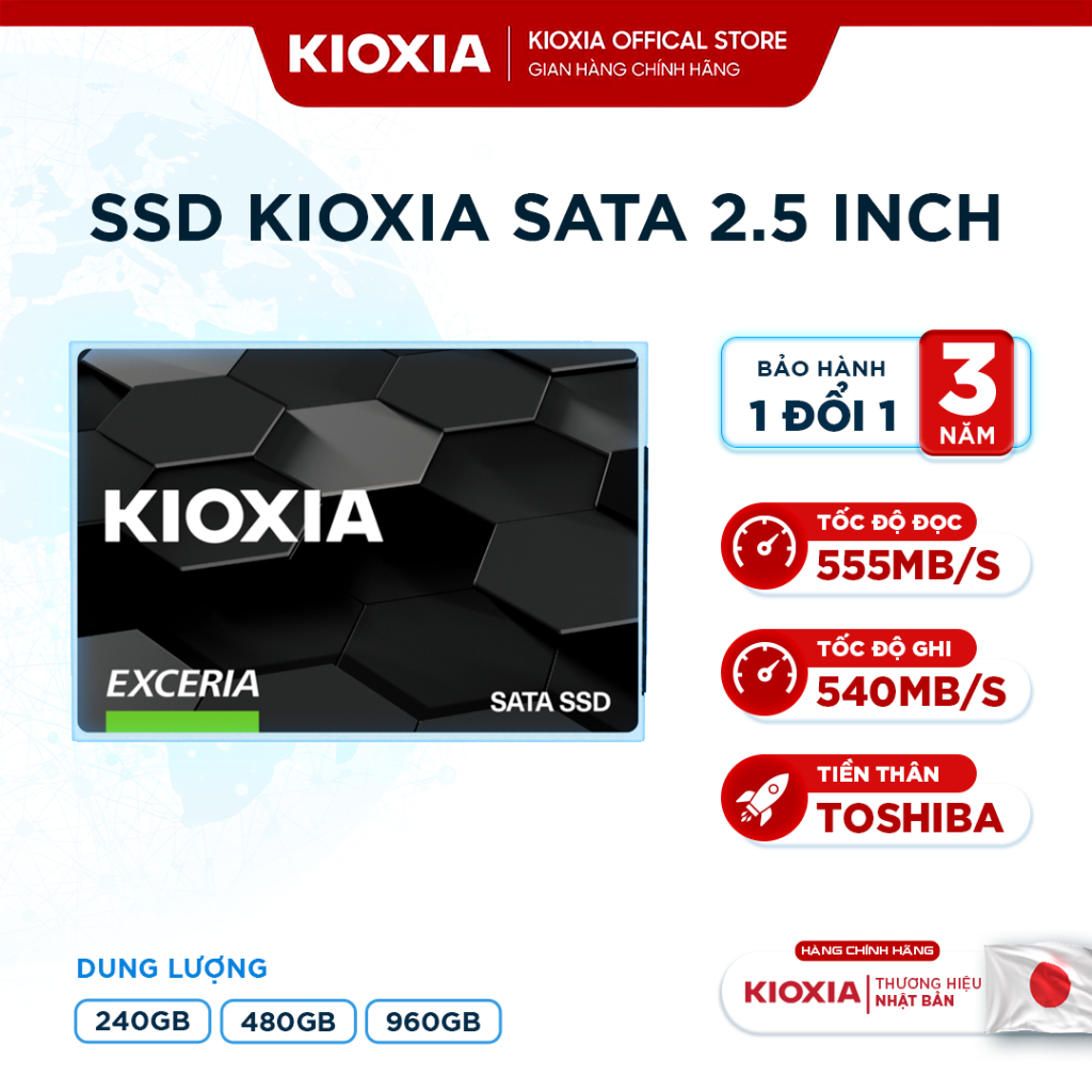 Ổ Cứng SSD SATA KIOXIA 480GB/960GB 2.5 inch 555/540MB/s cho PC, Laptop, NAS, BH 3 năm