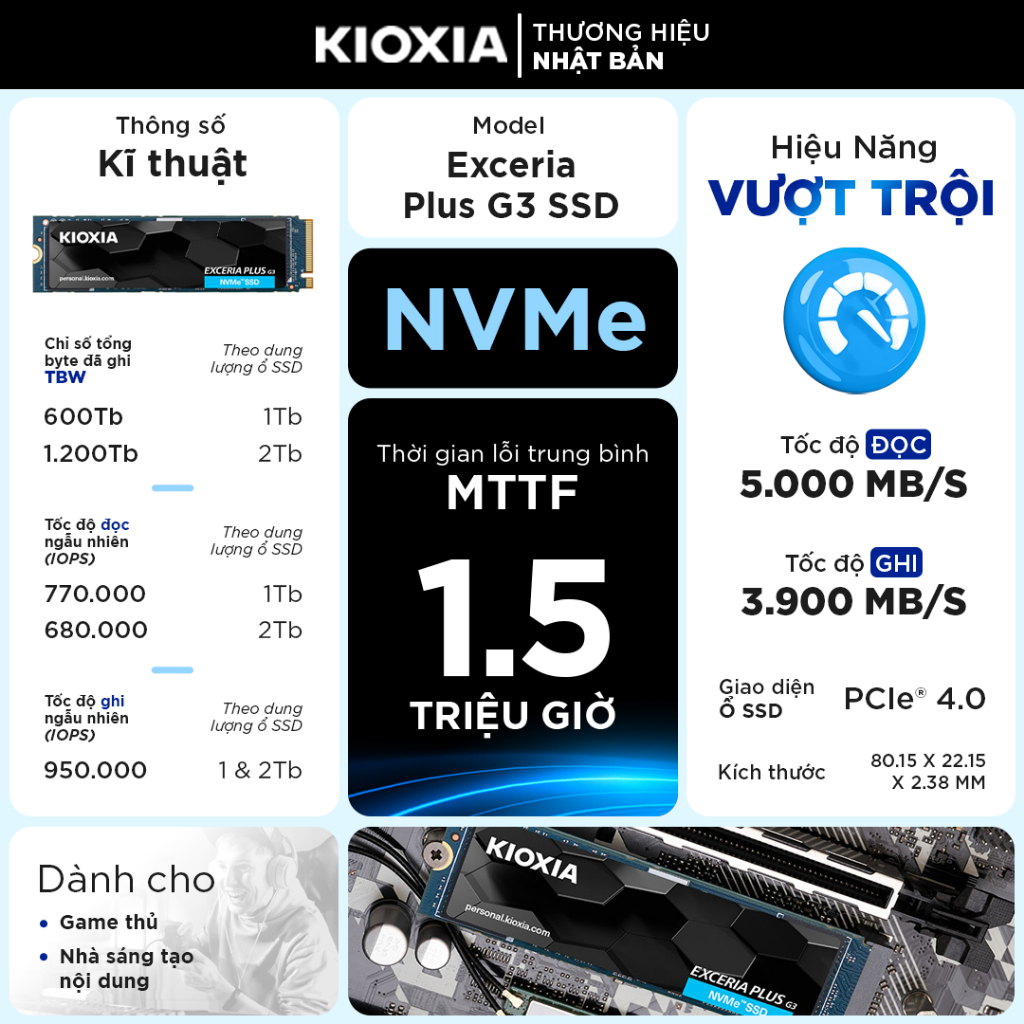 Ổ Cứng SSD Nvme KIOXIA  Exceria G3 PLUS 1TB/2TB Gen 4 - M2 NVMe, 5000/3900MB/s, BH 5 Năm