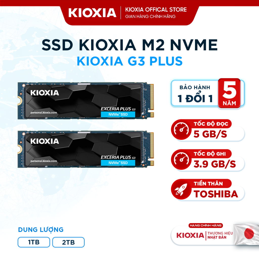 Ổ Cứng SSD Nvme KIOXIA  Exceria G3 PLUS 1TB/2TB Gen 4 - M2 NVMe, 5000/3900MB/s, BH 5 Năm