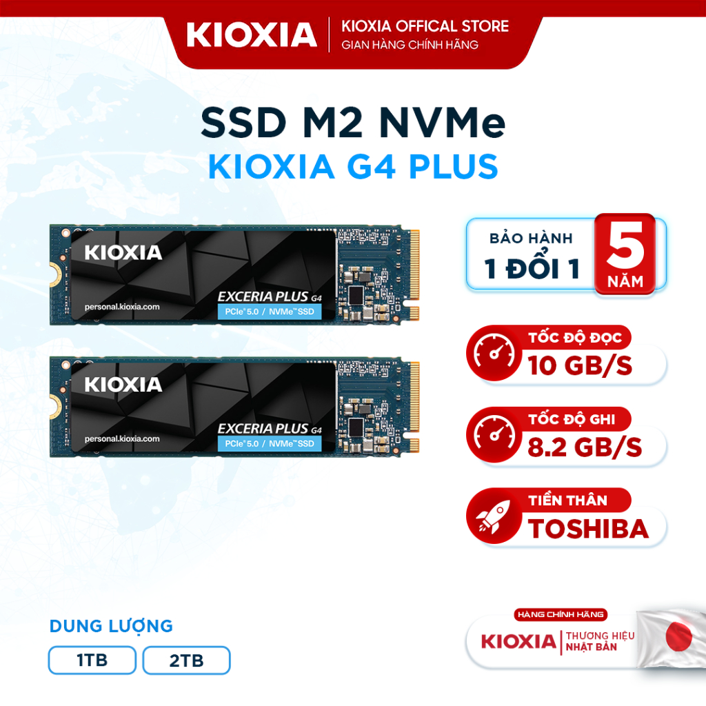 Ổ Cứng SSD Nvme KIOXIA Exceria G4 PLUS 1TB/2TB Gen 5 - M2 NVMe 10000/7900MB/s, BH 5 Năm