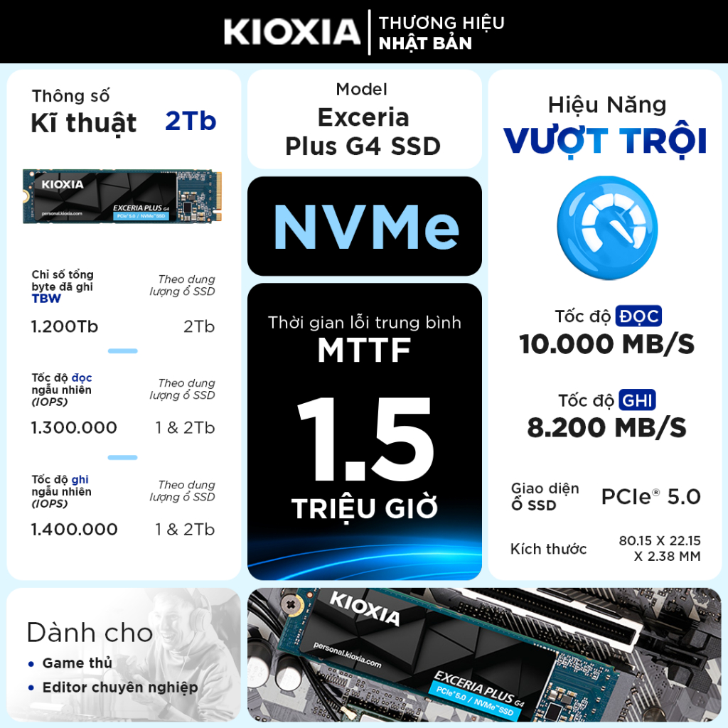 Ổ Cứng SSD Nvme KIOXIA Exceria G4 PLUS 1TB/2TB Gen 5 - M2 NVMe 10000/7900MB/s, BH 5 Năm