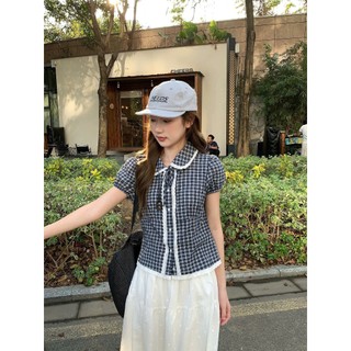 Áo sơ mi kẻ Caro cổ sen BIBI tay ngắn phồng phối viền ren phong cách tiểu thư nhẹ nhàng hàng Quảng Châu.