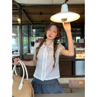 Áo sơ mi kẻ Caro cổ sen BIBI tay ngắn phồng phối viền ren phong cách tiểu thư nhẹ nhàng hàng Quảng Châu.