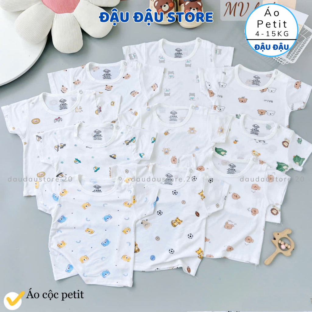 (Set 3 - 5) Áo cài vai cộc tay thun petit cho bé trai gái 5-15kg phối màu mềm mịn mát in hoạ tiết AL12 Đậu Đậu Store