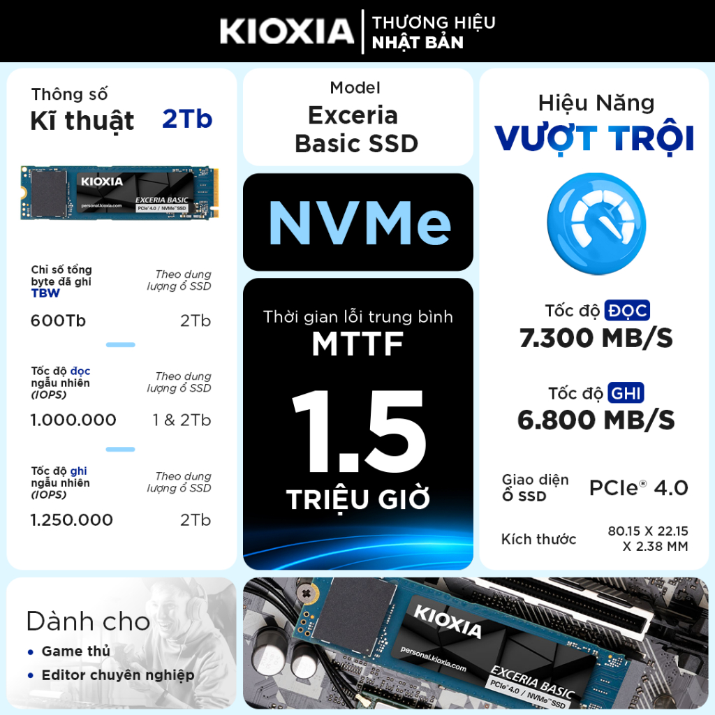 Ổ Cứng SSD KIOXIA Exceria BASIC 1TB/ 2TB KIOXIA Gen4 - M2 NVMe 7200/6600MB/s, BH 5 Năm