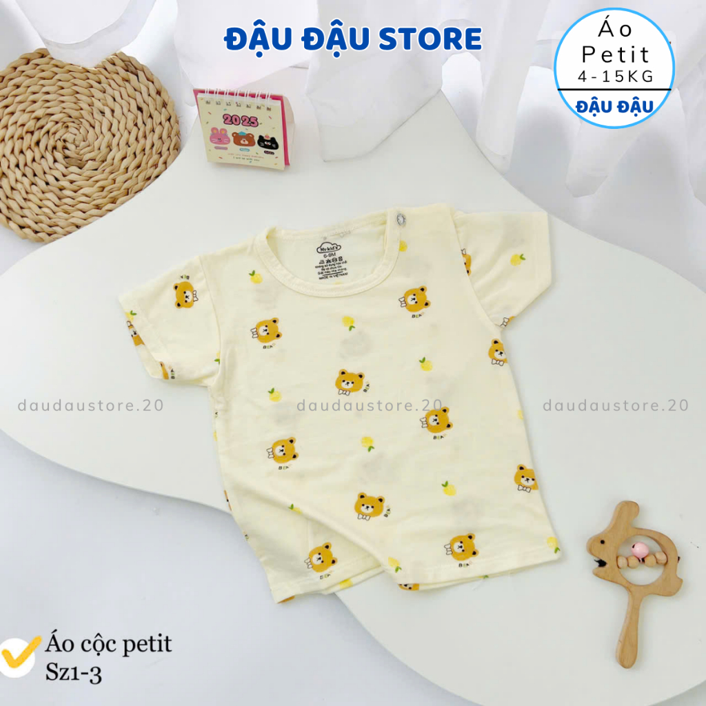 (Set 3 - 5) Áo cài vai cộc tay thun petit cho bé trai gái 5-15kg phối màu mềm mịn mát in hoạ tiết AL12 Đậu Đậu Store